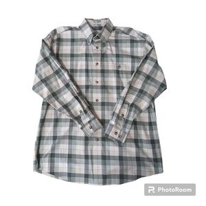 Orvis Button Front & Collar Long Sleeve Green Cream Plaid Shirt. Men's Large